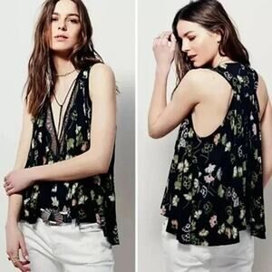 Free People Love Potion Black Floral Knit Tank Top Boho Flowy M